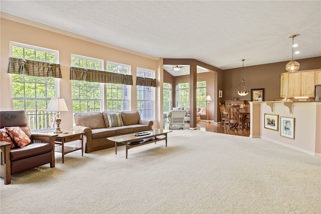 4166 Angela Way, Gorham, NY 14424 - living room with carpet, baseboards, ornamental molding, and a ceiling fan