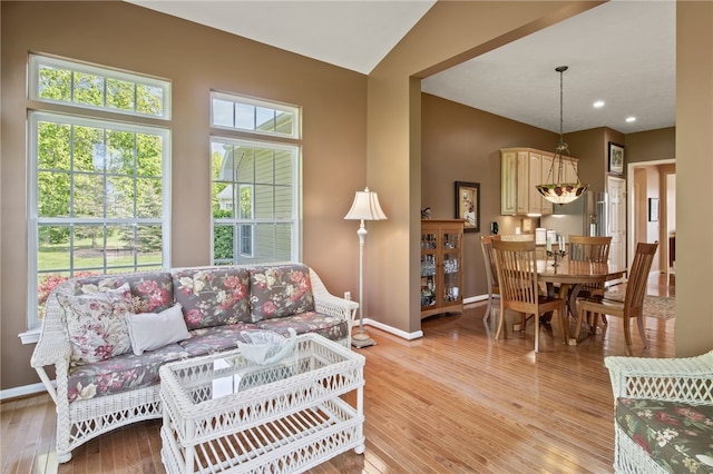 4166 Angela Way, Gorham, NY 14424 - living room featuring baseboards, light wood finished floors, lofted ceiling, and recessed lighting