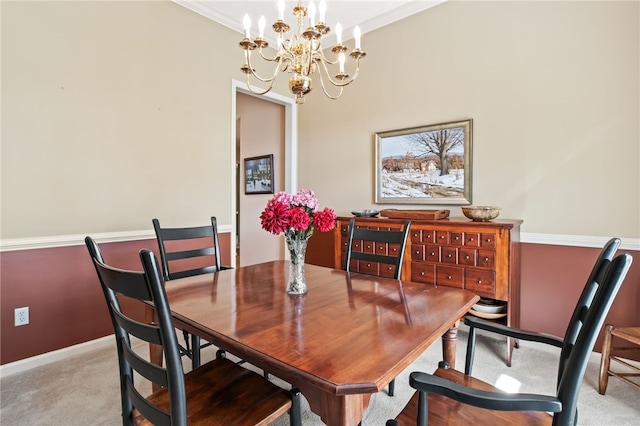 4166 Angela Way, Gorham, NY 14424 - dining space featuring a chandelier, light colored carpet, crown molding, and baseboards