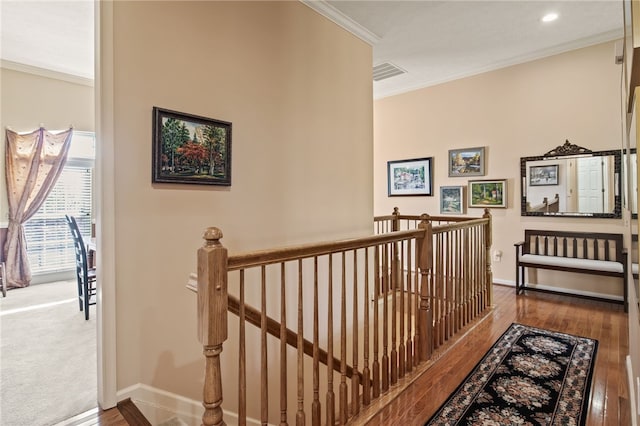 4166 Angela Way, Gorham, NY 14424 - corridor with an upstairs landing, ornamental molding, wood finished floors, and baseboards