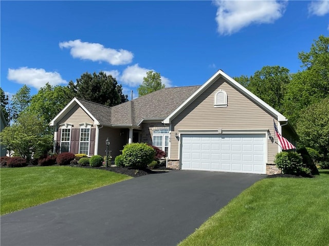 4166 Angela Way, Gorham, NY 14424 - single story home featuring asphalt driveway, an attached garage, a front lawn, stone siding, and roof with shingles