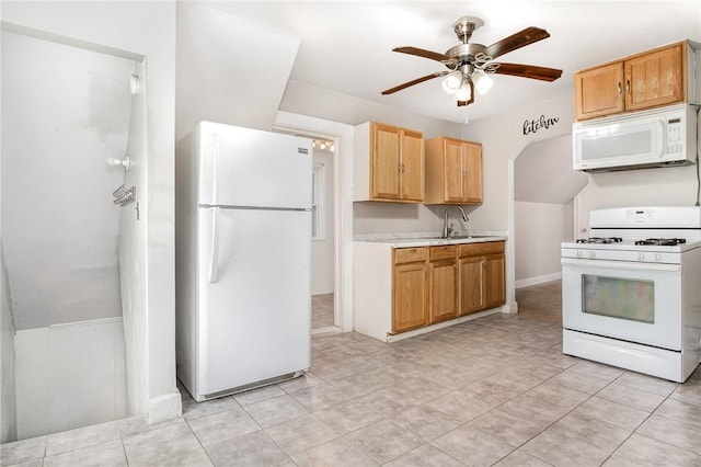189 5th St, Rochester, NY 14605 - kitchen featuring white appliances, ceiling fan, light countertops, light tile patterned floors, and a sink