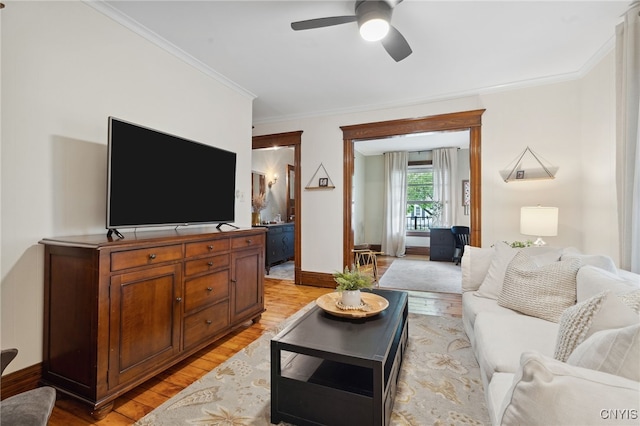 34-36 Hamilton Ave, Auburn, NY 13021 - living room with a ceiling fan, light wood finished floors, crown molding, and baseboards