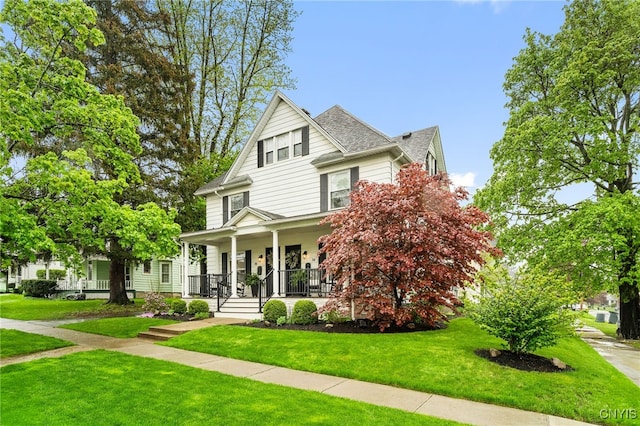 34-36 Hamilton Ave, Auburn, NY 13021 - view of front of property featuring covered porch, a front lawn, and roof with shingles