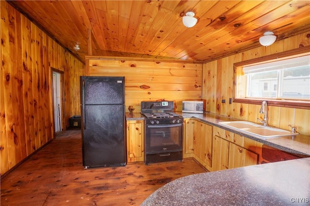 793 County Highway 19, Plainfield, NY 13491 - kitchen featuring black appliances, a sink, wooden walls, wood finished floors, and wood ceiling