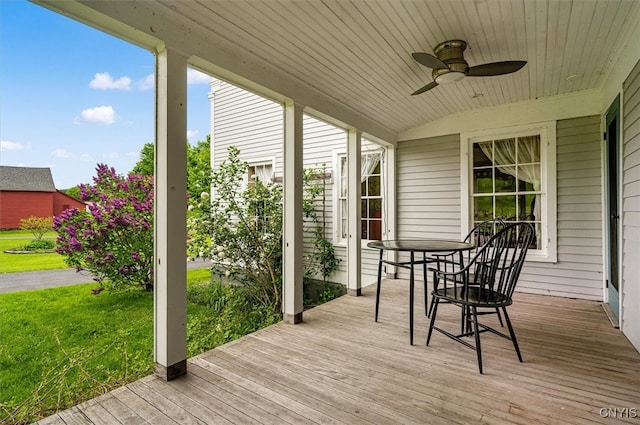 537 Earlville Rd, Hamilton, NY 13332 - wooden terrace with a ceiling fan and a yard