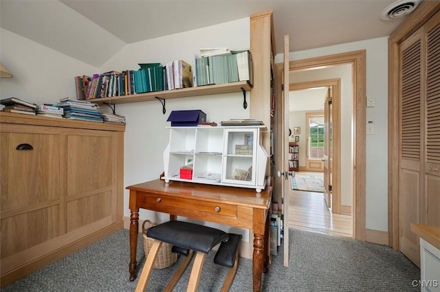 537 Earlville Rd, Hamilton, NY 13332 - carpeted home office featuring lofted ceiling