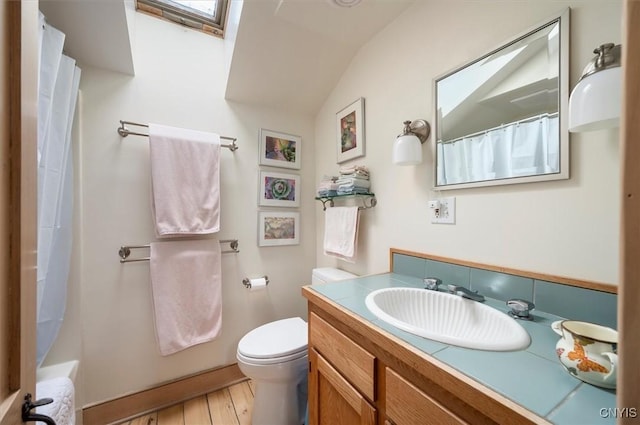 537 Earlville Rd, Hamilton, NY 13332 - bathroom with toilet, vanity, wood finished floors, a shower with curtain, and lofted ceiling