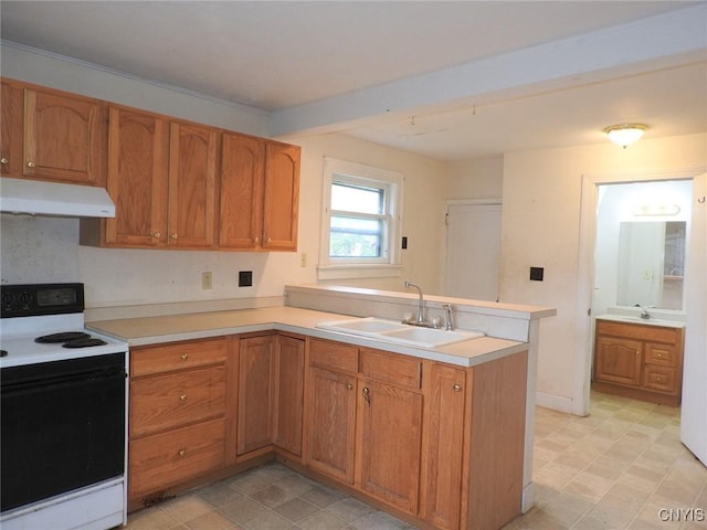 5 Evergreen St, Cortland, NY 13045 - kitchen featuring range with electric stovetop, under cabinet range hood, a sink, a peninsula, and light countertops