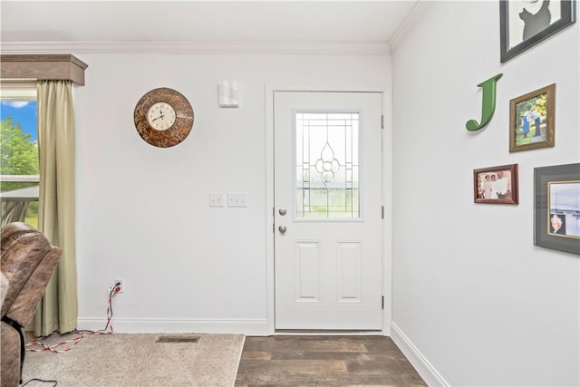 3854 Tari Ln, Murray, NY 14470 - foyer featuring crown molding, dark wood-style flooring, and baseboards