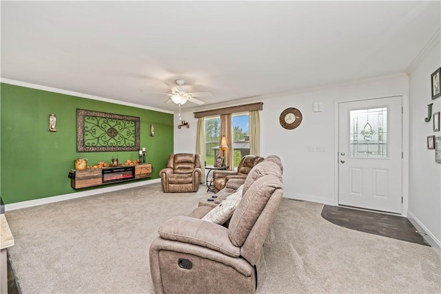 3854 Tari Ln, Murray, NY 14470 - living area with carpet, ornamental molding, a ceiling fan, and baseboards