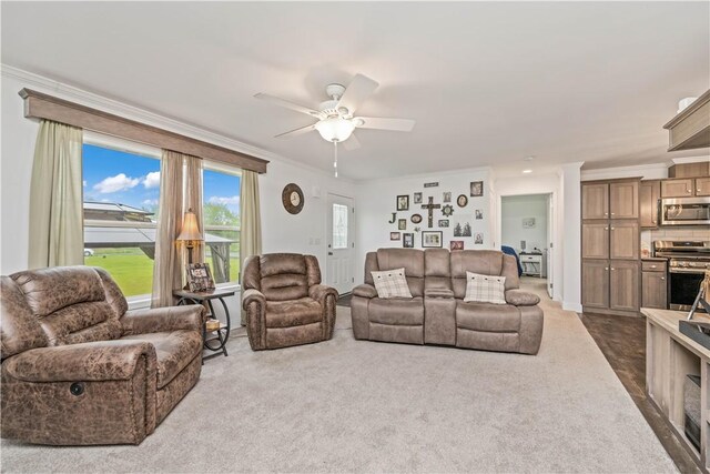 3854 Tari Ln, Murray, NY 14470 - living room with dark carpet, a ceiling fan, and crown molding