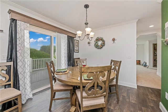 3854 Tari Ln, Murray, NY 14470 - dining space featuring a chandelier, ornamental molding, baseboards, wood finished floors, and recessed lighting