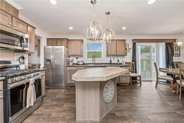 3854 Tari Ln, Murray, NY 14470 - kitchen with stainless steel appliances, a chandelier, ornamental molding, a sink, and plenty of natural light