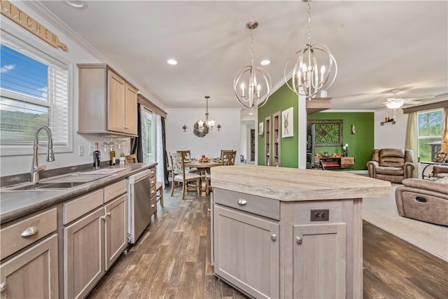 3854 Tari Ln, Murray, NY 14470 - kitchen with a sink, a chandelier, open floor plan, dishwasher, and dark wood-style floors