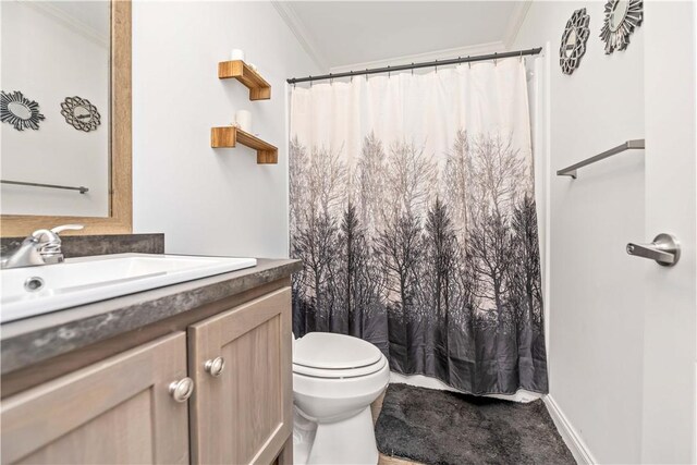 3854 Tari Ln, Murray, NY 14470 - bathroom with crown molding, vanity, toilet, and a shower with curtain