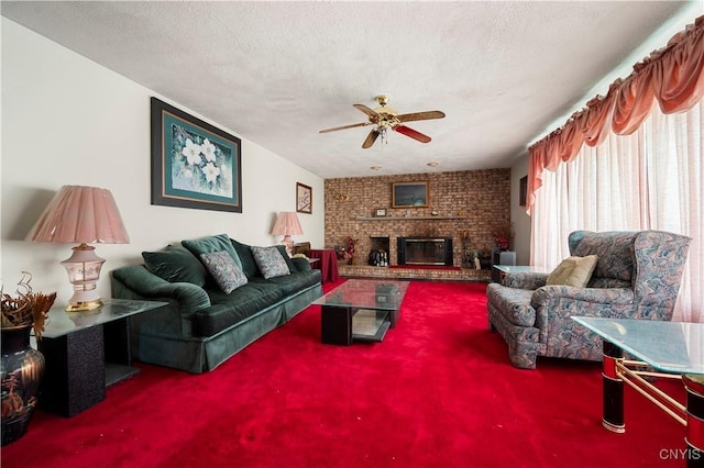 9748-9736 Podunk Rd, Lee, NY 13363 - carpeted living area featuring ceiling fan, a fireplace, and a textured ceiling