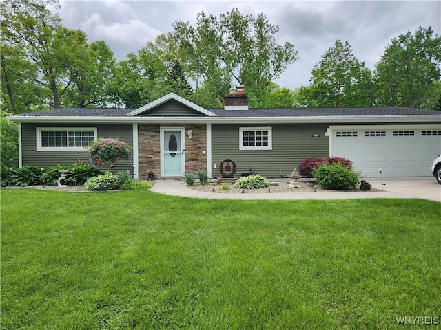 454 Kenwood Dr, Lewiston, NY 14092 - single story home with driveway, an attached garage, a chimney, and a front yard