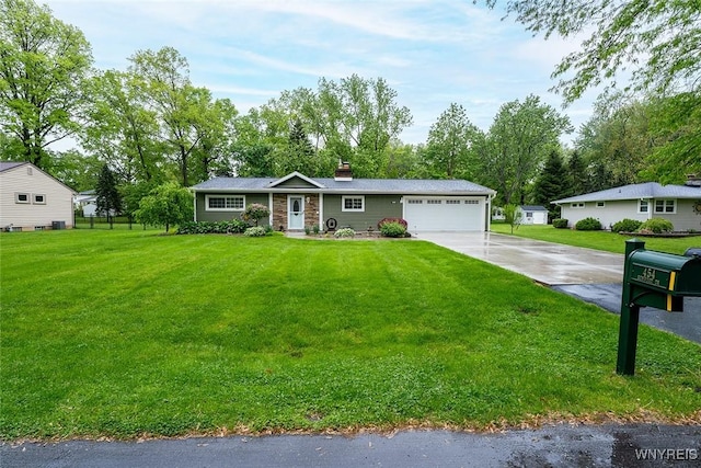 454 Kenwood Dr, Lewiston, NY 14092 - single story home featuring driveway, a chimney, an attached garage, a front yard, and cooling unit