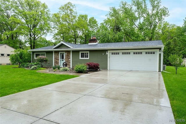 454 Kenwood Dr, Lewiston, NY 14092 - ranch-style house featuring driveway, an attached garage, a front lawn, and stone siding
