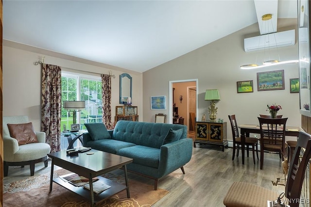 454 Kenwood Dr, Lewiston, NY 14092 - living area with a wall mounted air conditioner, wood finished floors, and high vaulted ceiling