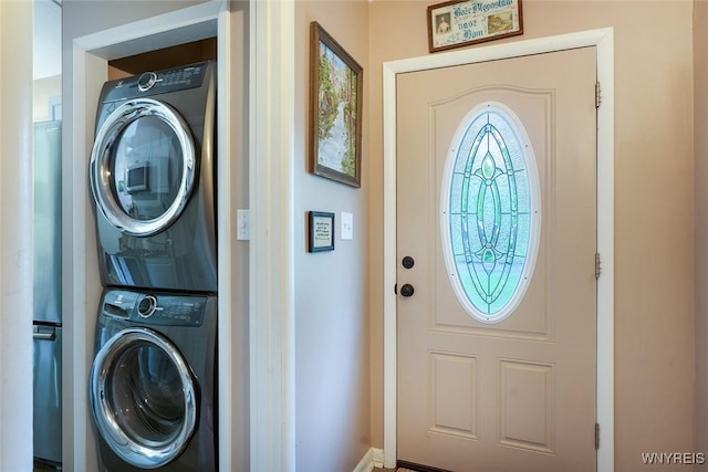 454 Kenwood Dr, Lewiston, NY 14092 - washroom featuring stacked washer / drying machine