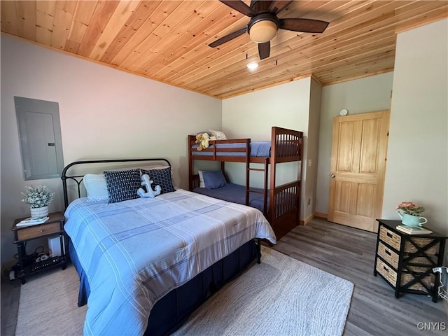 26633 Kring Point Rd, Alexandria, NY 13679 - bedroom featuring electric panel, wooden ceiling, wood finished floors, baseboards, and lofted ceiling