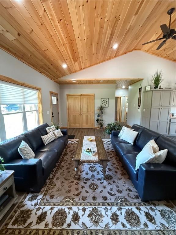 26633 Kring Point Rd, Alexandria, NY 13679 - living area featuring lofted ceiling, wooden ceiling, a ceiling fan, wood finished floors, and recessed lighting