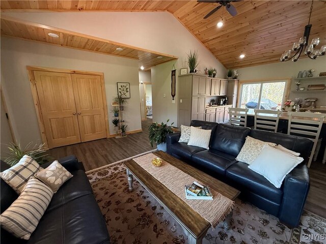 26633 Kring Point Rd, Alexandria, NY 13679 - living room featuring wood finished floors, wooden ceiling, a chandelier, a ceiling fan, and recessed lighting
