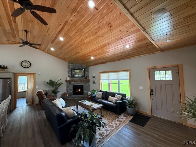 26633 Kring Point Rd, Alexandria, NY 13679 - living room featuring vaulted ceiling, wood ceiling, a ceiling fan, wood finished floors, and recessed lighting