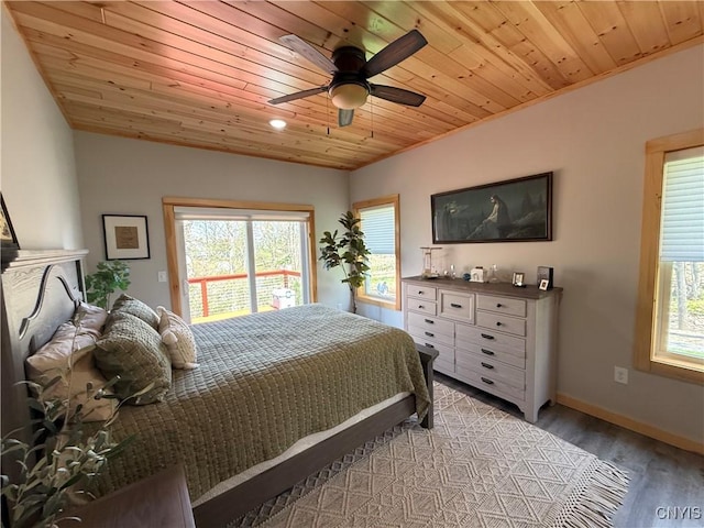 26633 Kring Point Rd, Alexandria, NY 13679 - bedroom with wood ceiling, light wood finished floors, baseboards, ceiling fan, and recessed lighting