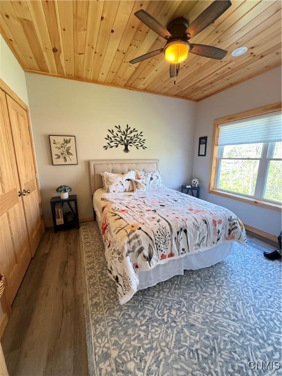 26633 Kring Point Rd, Alexandria, NY 13679 - bedroom featuring wood finished floors, wooden ceiling, ceiling fan, and baseboards