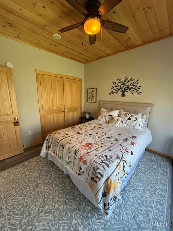 26633 Kring Point Rd, Alexandria, NY 13679 - bedroom with a closet, wood ceiling, baseboards, a ceiling fan, and wood finished floors