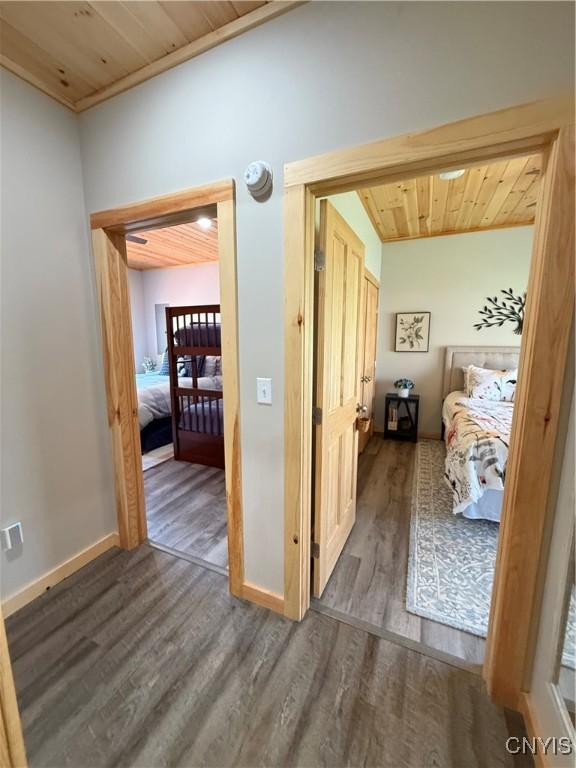 26633 Kring Point Rd, Alexandria, NY 13679 - corridor with wood finished floors, wood ceiling, vaulted ceiling, and baseboards