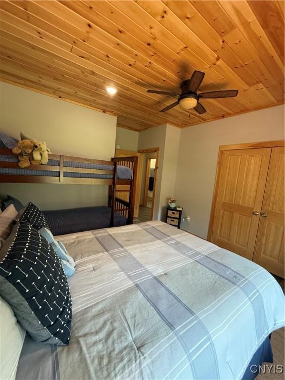 26633 Kring Point Rd, Alexandria, NY 13679 - bedroom with wood ceiling and a ceiling fan