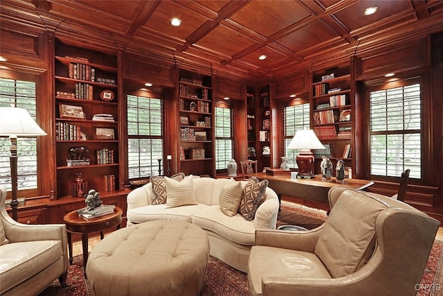 7106 Braxton Cir, Dewitt, NY 13066 - sitting room featuring wooden ceiling, built in features, wooden walls, crown molding, and recessed lighting