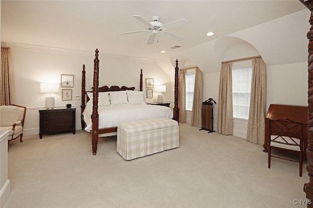 7106 Braxton Cir, Dewitt, NY 13066 - bedroom with light colored carpet, lofted ceiling, recessed lighting, and ceiling fan