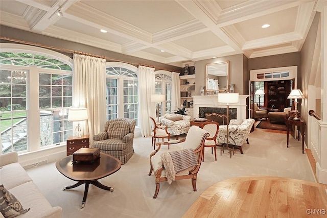 7106 Braxton Cir, Dewitt, NY 13066 - sitting room featuring coffered ceiling, beamed ceiling, ornamental molding, and a premium fireplace