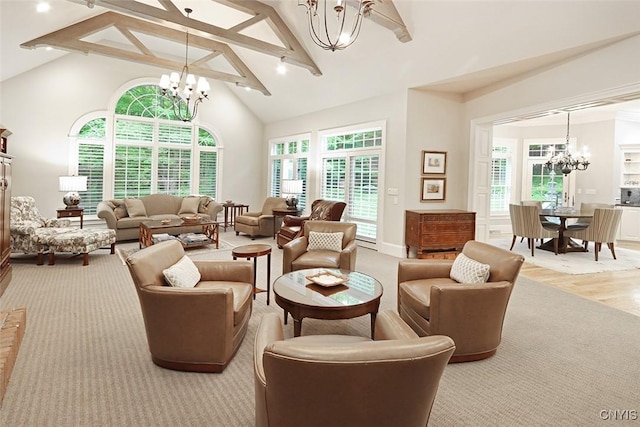 7106 Braxton Cir, Dewitt, NY 13066 - living area featuring a chandelier, plenty of natural light, beam ceiling, and high vaulted ceiling