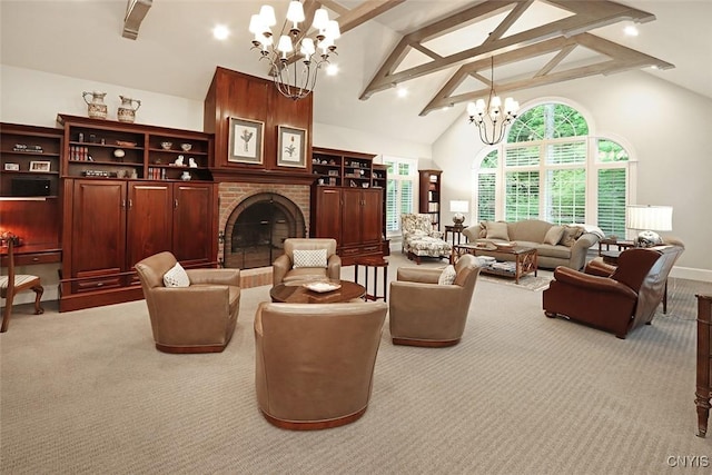 7106 Braxton Cir, Dewitt, NY 13066 - carpeted living room with a chandelier, high vaulted ceiling, a fireplace, and beam ceiling