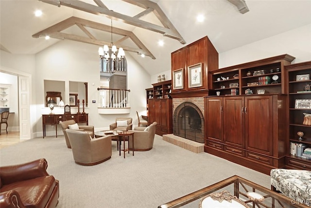 7106 Braxton Cir, Dewitt, NY 13066 - carpeted living room with a chandelier, a brick fireplace, and high vaulted ceiling