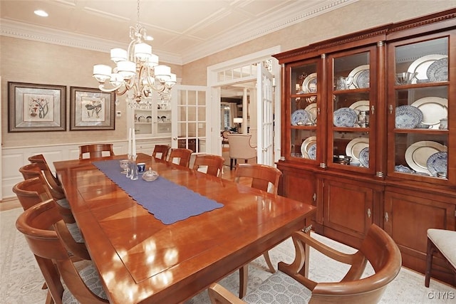 7106 Braxton Cir, Dewitt, NY 13066 - dining room with a chandelier, a decorative wall, recessed lighting, french doors, and ornamental molding