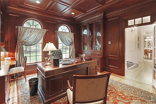 7106 Braxton Cir, Dewitt, NY 13066 - office with crown molding, wood ceiling, a chandelier, wood finished floors, and recessed lighting