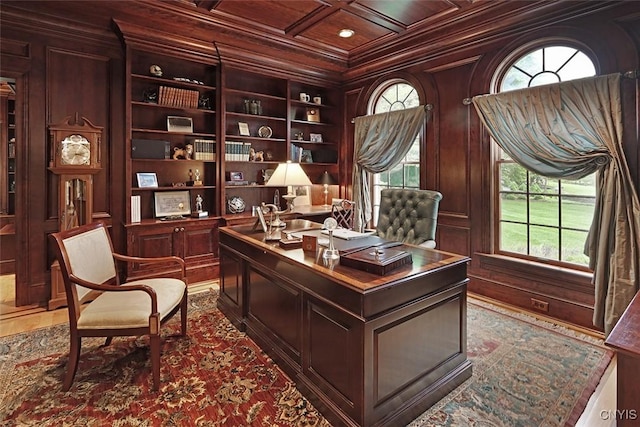 7106 Braxton Cir, Dewitt, NY 13066 - office space featuring plenty of natural light, built in shelves, wooden ceiling, wooden walls, and ornamental molding
