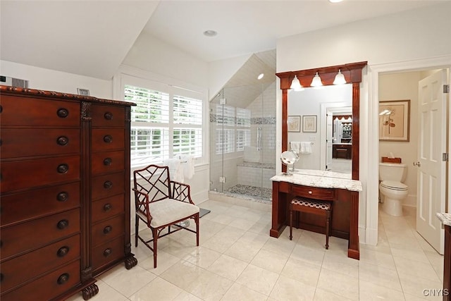 7106 Braxton Cir, Dewitt, NY 13066 - full bath featuring a stall shower, toilet, tile patterned floors, vanity, and recessed lighting