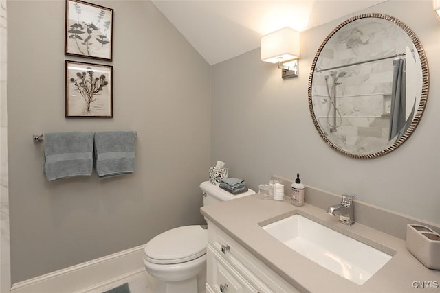 7106 Braxton Cir, Dewitt, NY 13066 - full bath with toilet, vanity, a shower with shower curtain, and vaulted ceiling