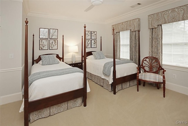 7106 Braxton Cir, Dewitt, NY 13066 - carpeted bedroom featuring multiple windows, ornamental molding, baseboards, and a ceiling fan
