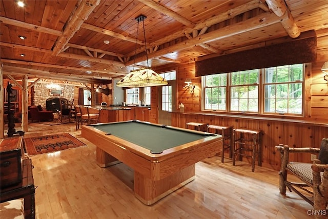 7106 Braxton Cir, Dewitt, NY 13066 - playroom featuring wood ceiling with exposed beams, light wood-style flooring, wood walls, and billiards table