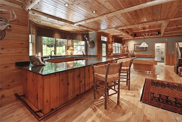 7106 Braxton Cir, Dewitt, NY 13066 - bar with wood ceiling, light wood finished floors, decorative light fixtures, and a sink