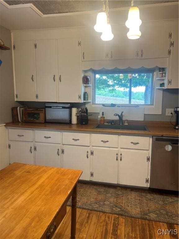 6265 Haslauer Rd, Stockbridge, NY 13409 - kitchen featuring stainless steel dishwasher, open shelves, a sink, and white cabinets